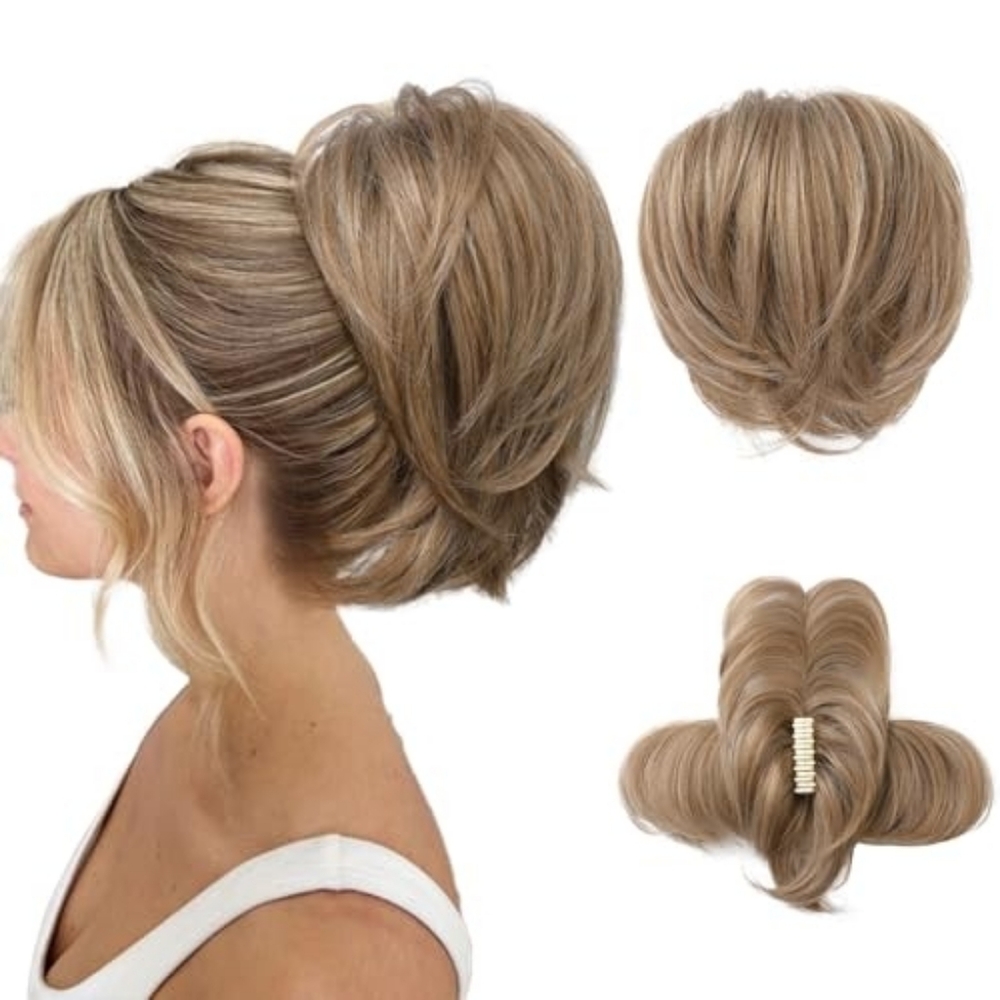 9” Blonde Claw Clip Hair Bun Extension – Straight Messy Bun Mixed Deep & Light